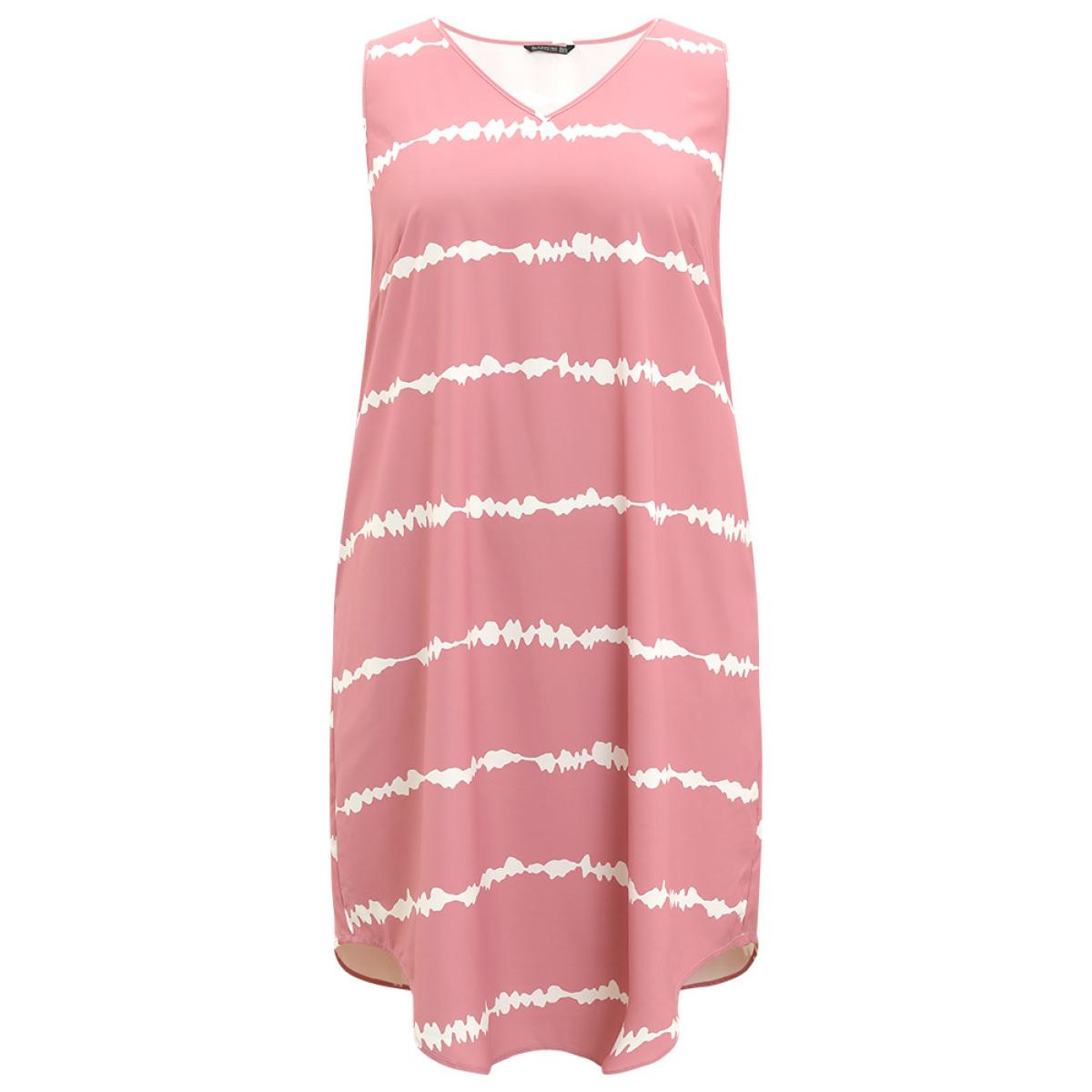 Plus Size Tie Dye Striped Pocket V Neck Arc Hem Tank Dress Watermelon Women Vacation V-neck Sleeveless Curvy Midi Dress BloomChic 22-24/3X Product Image