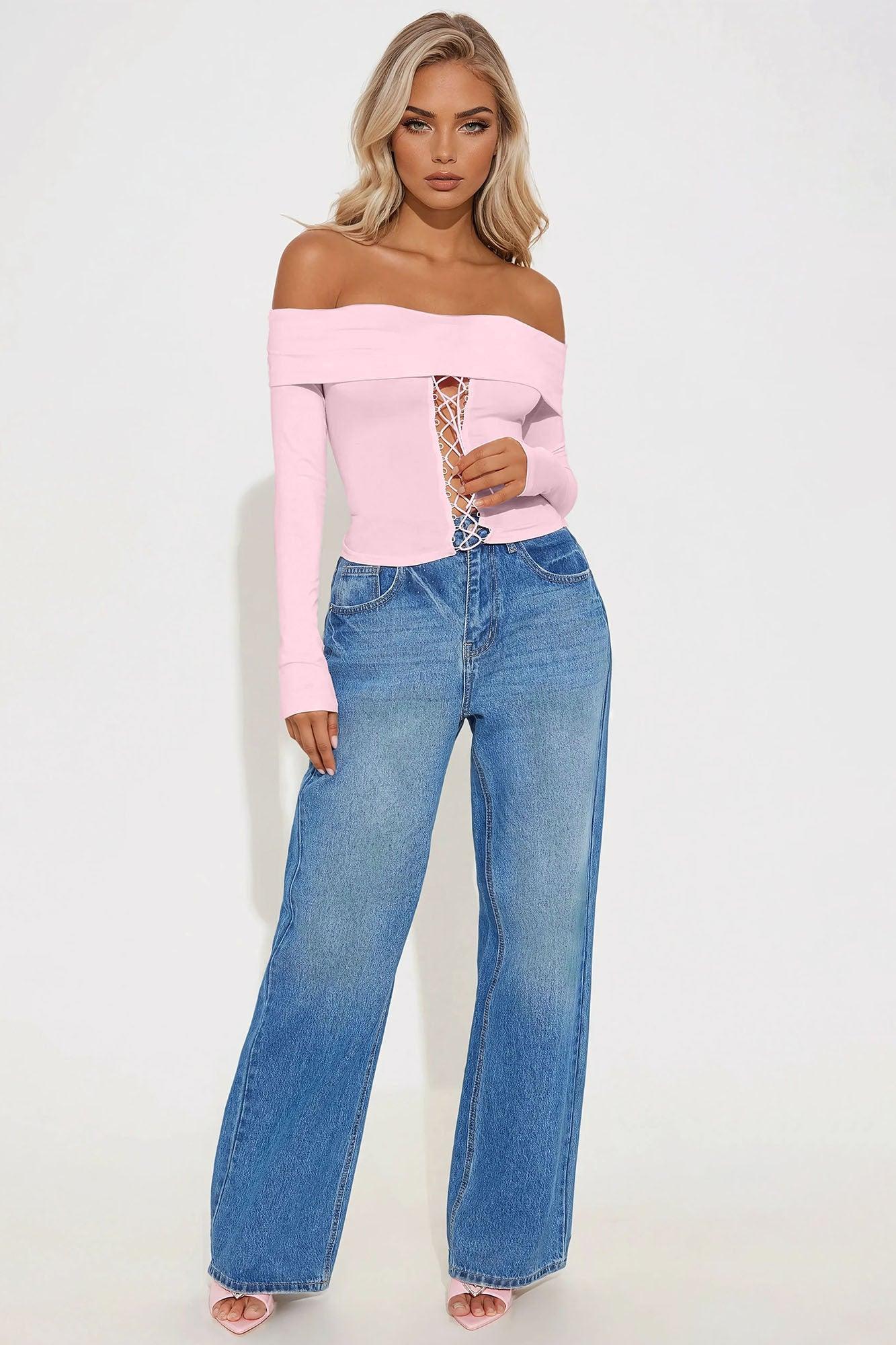 Royal Off Shoulder Lace Up Top - Pink Product Image