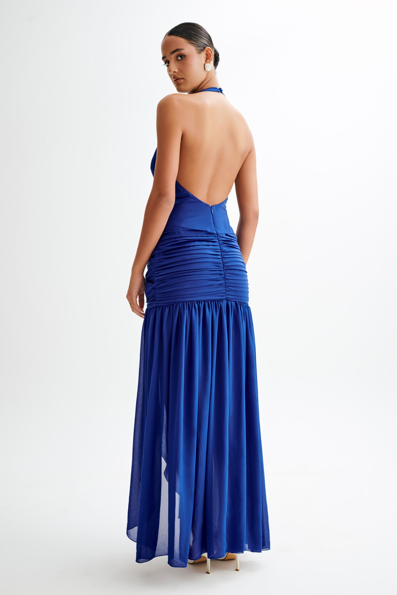 Graziana Satin Chiffon Plunge Maxi Dress - Cobalt Blue Product Image