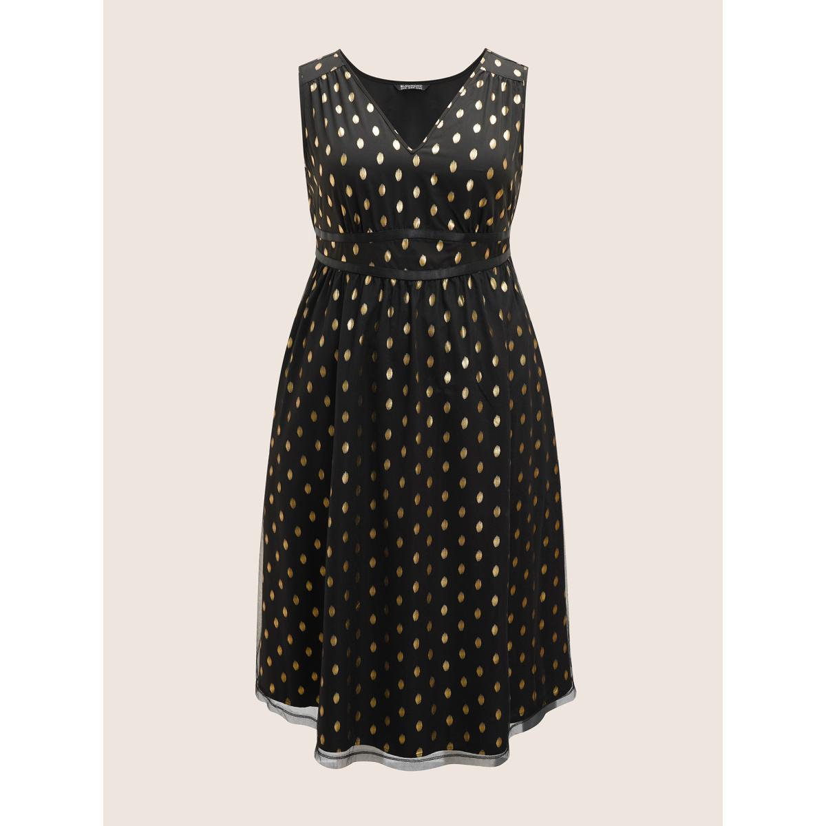 Plus Size Glitter Polka Dot Pocket Patchwork Tank Dress Black Women Cocktail Non V-neck Sleeveless Curvy Midi Dress BloomChic 12/L Product Image