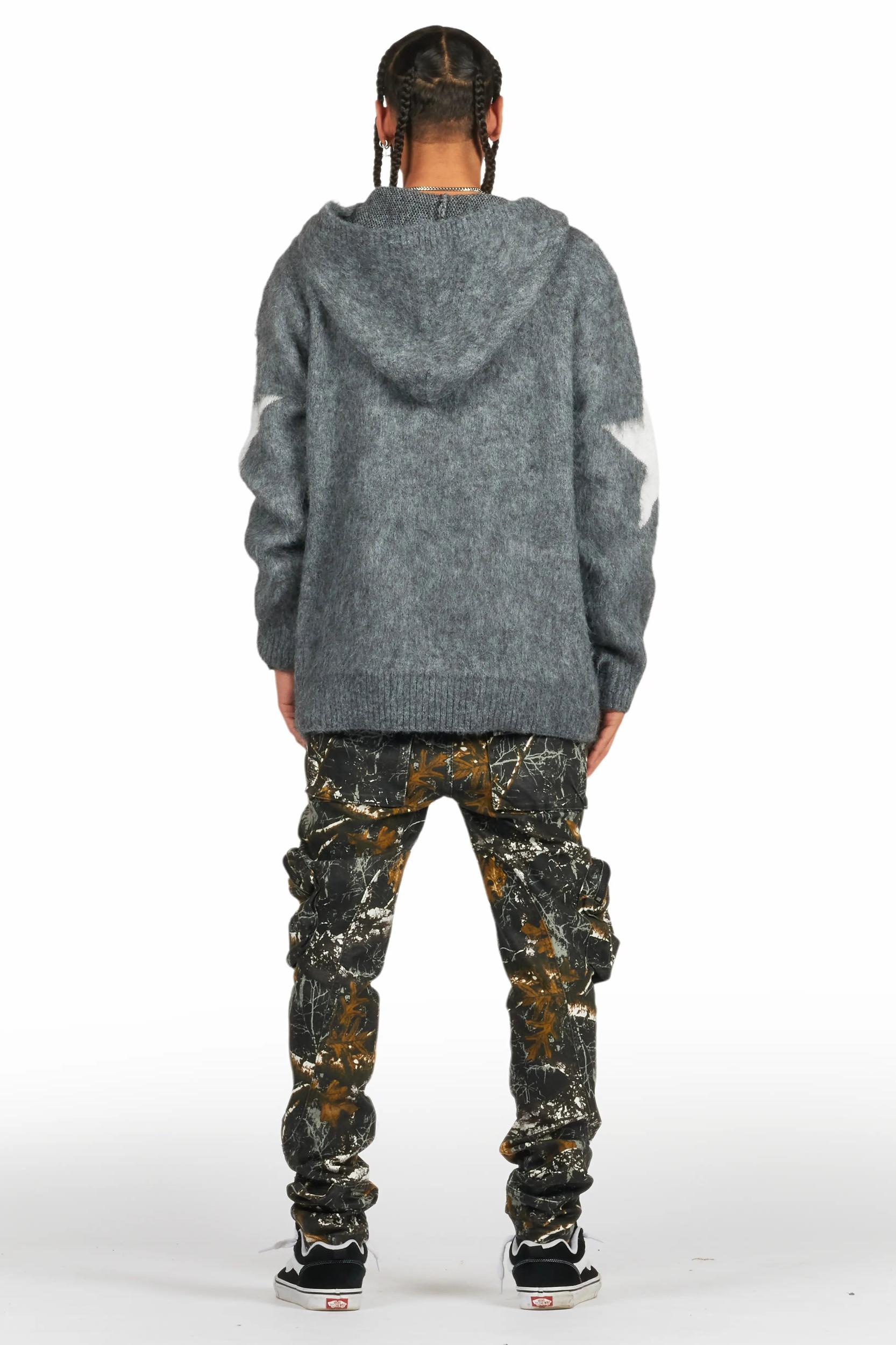 States Grey Graphic Knitted Mohair Hoodie Male Product Image
