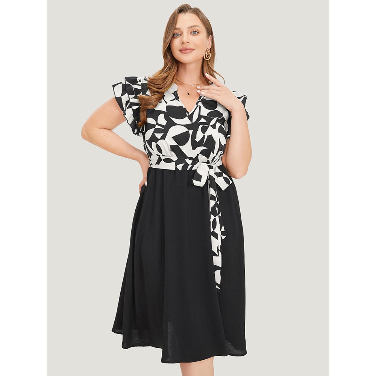 Plus Size Geometric Pocket Belted Ruffle Sleeve Notched Dress White Women Office Plain Notched collar Cap Sleeve Curvy Midi Dress BloomChic 30/6X Product Image