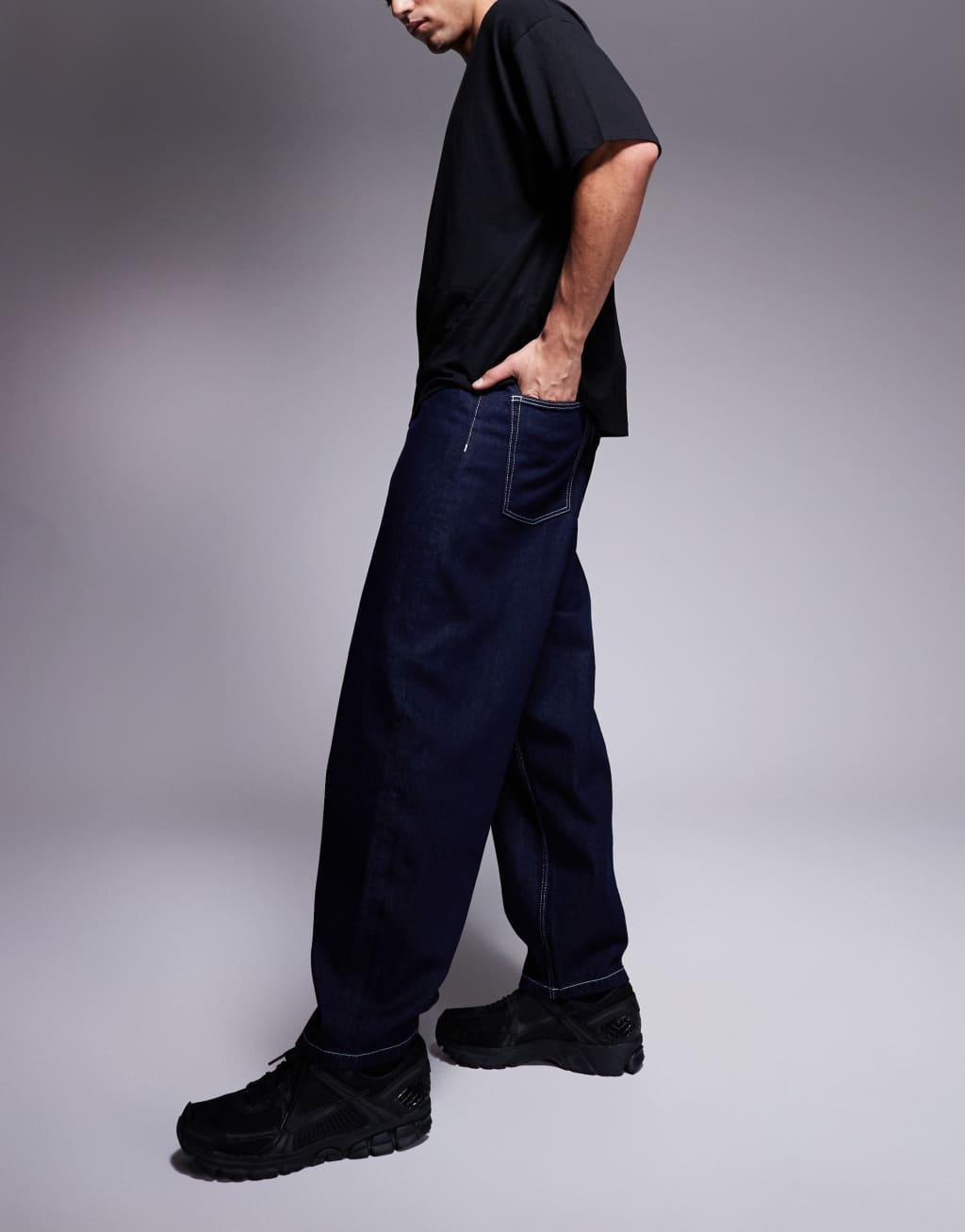 ASOS DESIGN barrel fit jeans in dark wash blue Product Image