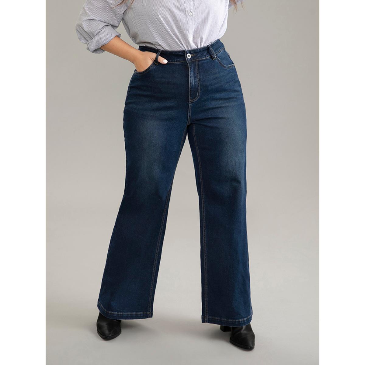 Plus Size Vintage Dark Wash Wide Leg Jeans Women Midnight Casual Plain Plain High stretch Pocket Jeans BloomChic 24/3X Product Image
