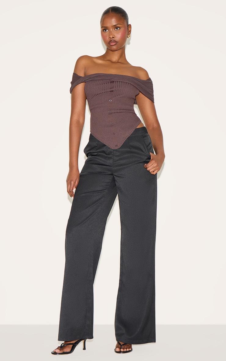 Chocolate Rib Knit Twist Bardot Button Through Top Product Image