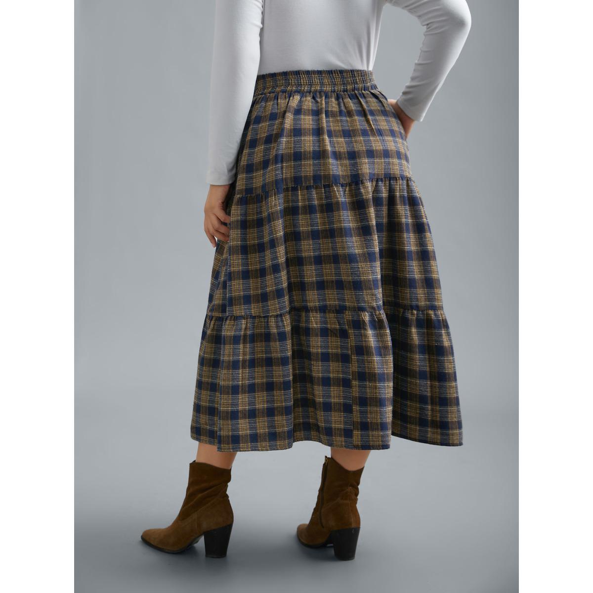 Plus Size Plaid Pattern Stretchy Waist Skirt Women Indigo Elegant Gathered No stretch Side seam pocket Everyday Skirts BloomChic 14-16/1X Product Image