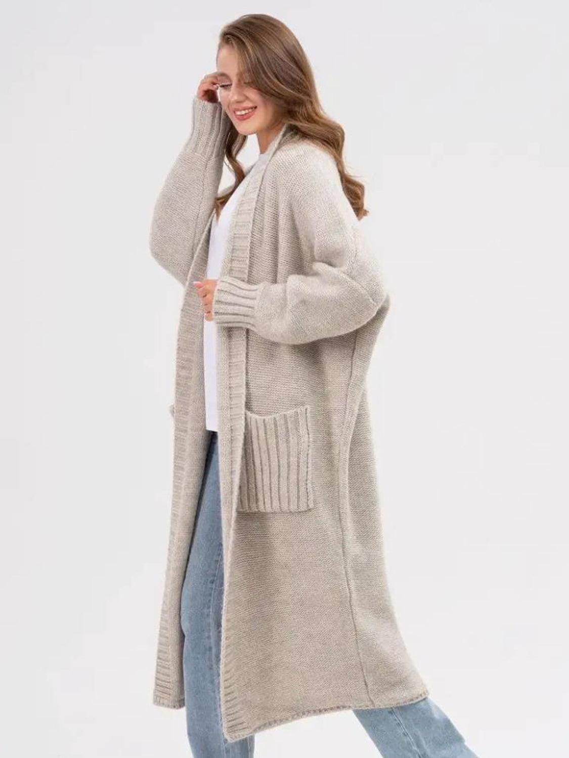 Pocketed Open Front Long Sleeve Longline Cardigan Product Image