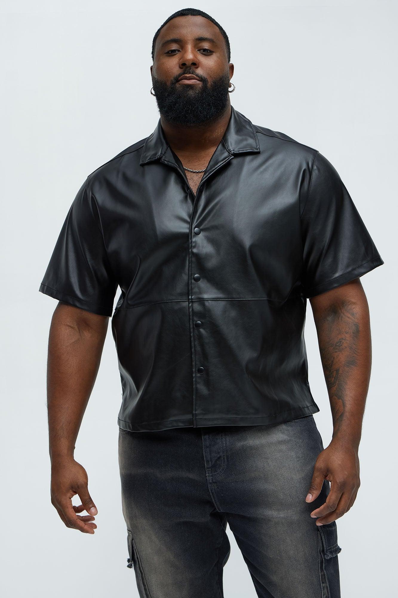 Slam Dunk Faux Leather Short Sleeve Button Up - Black Product Image