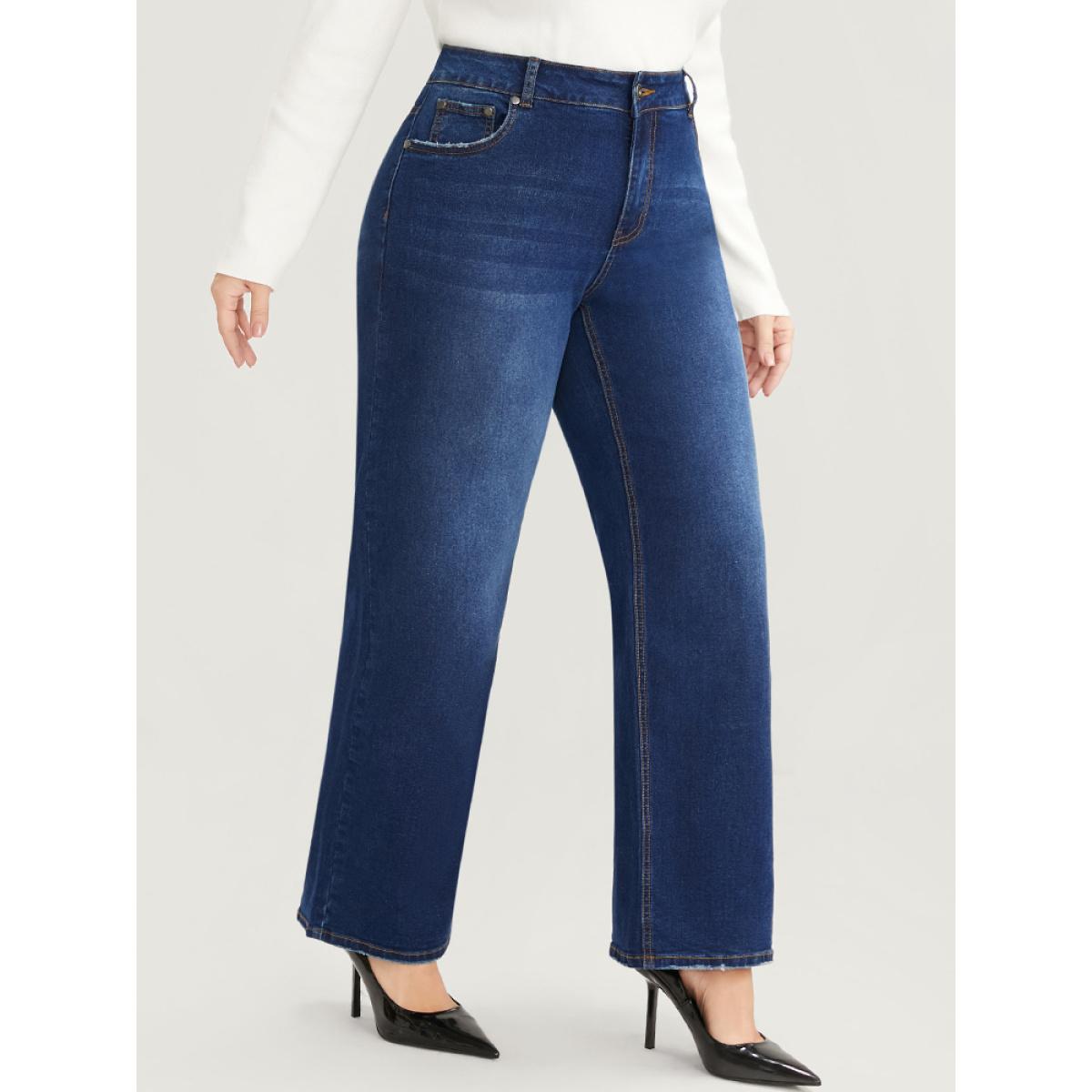 Plus Size Straight Slightly Stretchy High Rise Dark Wash Pocket Full Jeans Women DarkBlue Casual Plain Button Low stretch Pocket Jeans BloomChic 22/3X Product Image