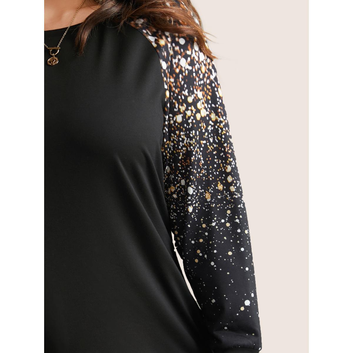 Plus Size Ombre Boho Print Raglan Sleeve T-shirt Black Women Casual Contrast Ombre Round Neck Dailywear T-shirts BloomChic 22-24/3X Product Image