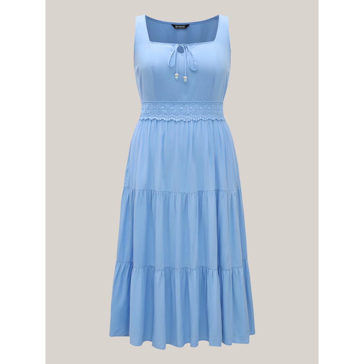 Plus Size Lace Trim Neck Tie Solid Midi Dress LightBlue Women Boho Square Neck Sleeveless Curvy BloomChic 10/M Product Image