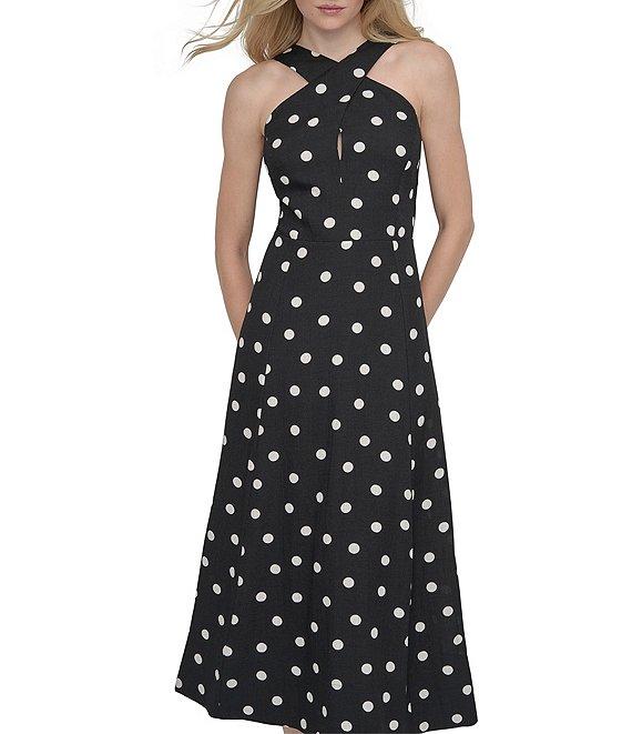 DKNY by Donna Karan Dotted Print Halter Neck Sleeveless A-Line Midi Dress Product Image