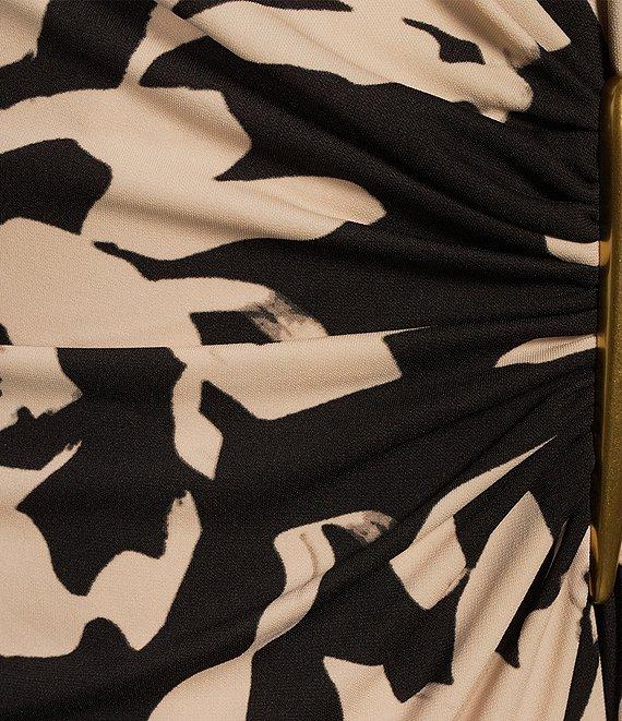 Donna Karan Jersey V-Neck Sleeveless Ruched Gold Broach Midi Sheath Dress Product Image