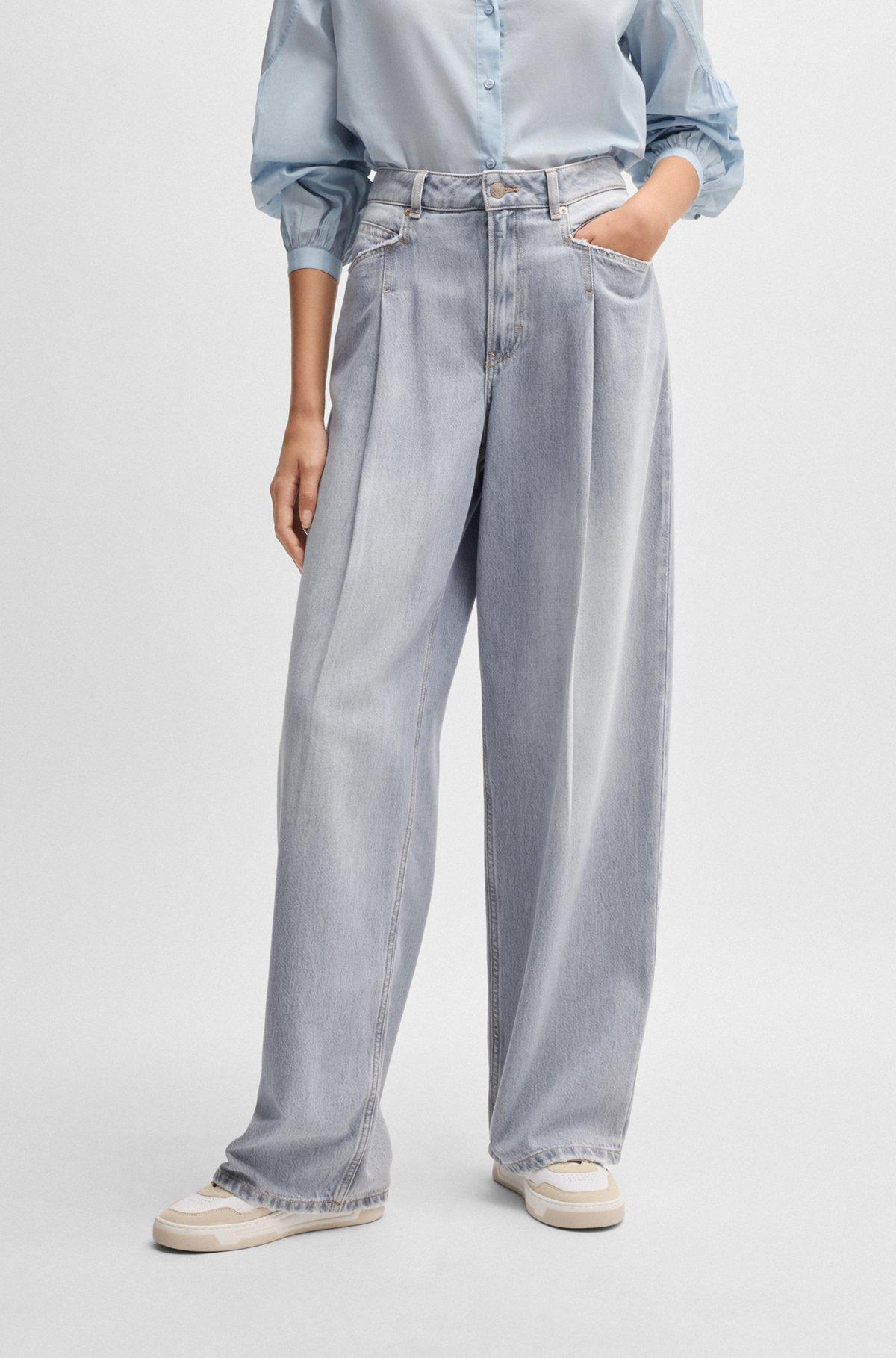 Wide-leg jeans in gray denim with front pleats Product Image