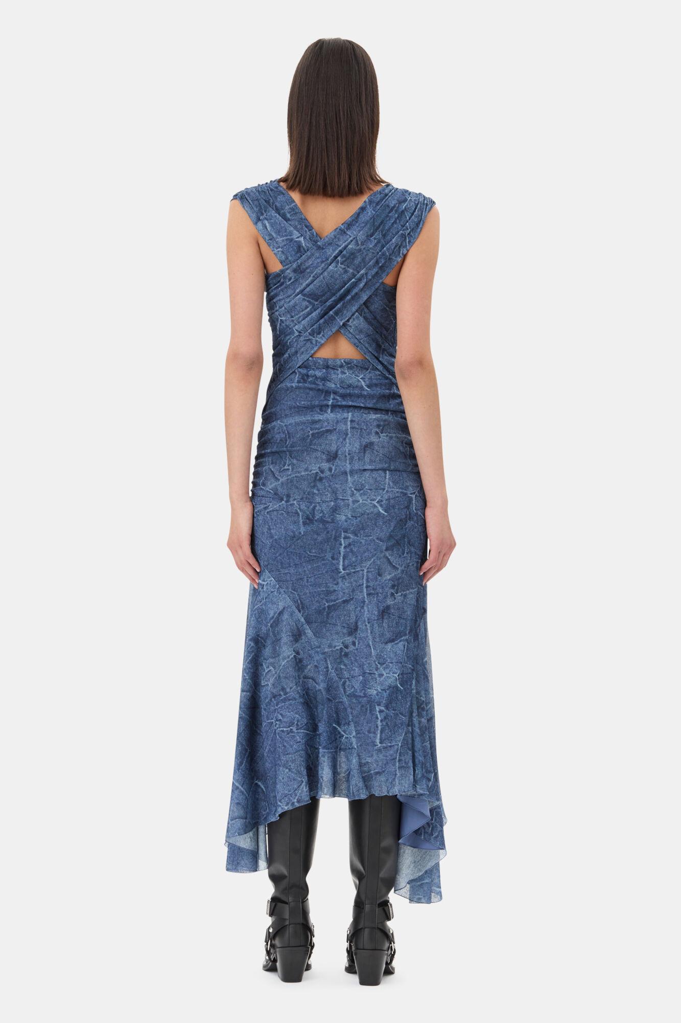 Blue Mesh Ruched Dress Product Image