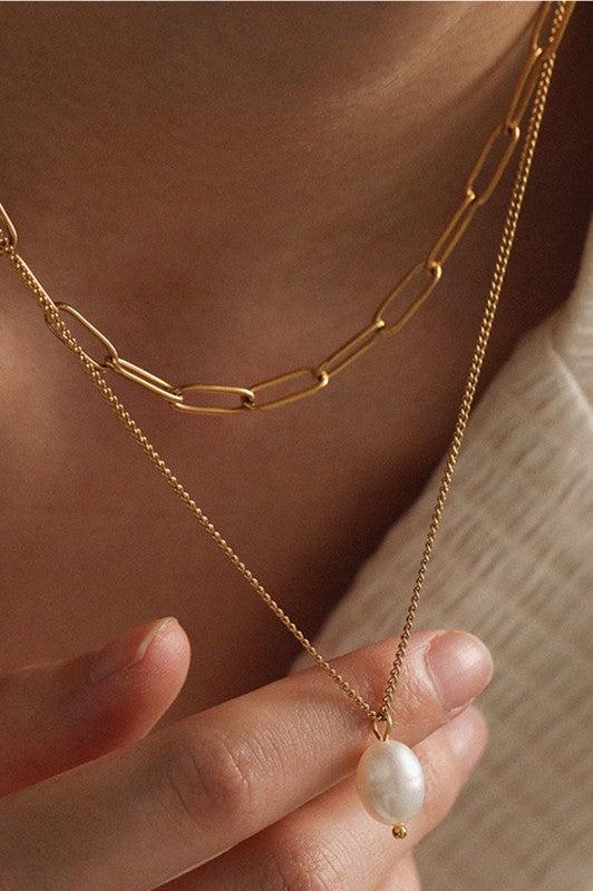 Chain & Pearl Drop Necklace Set Product Image