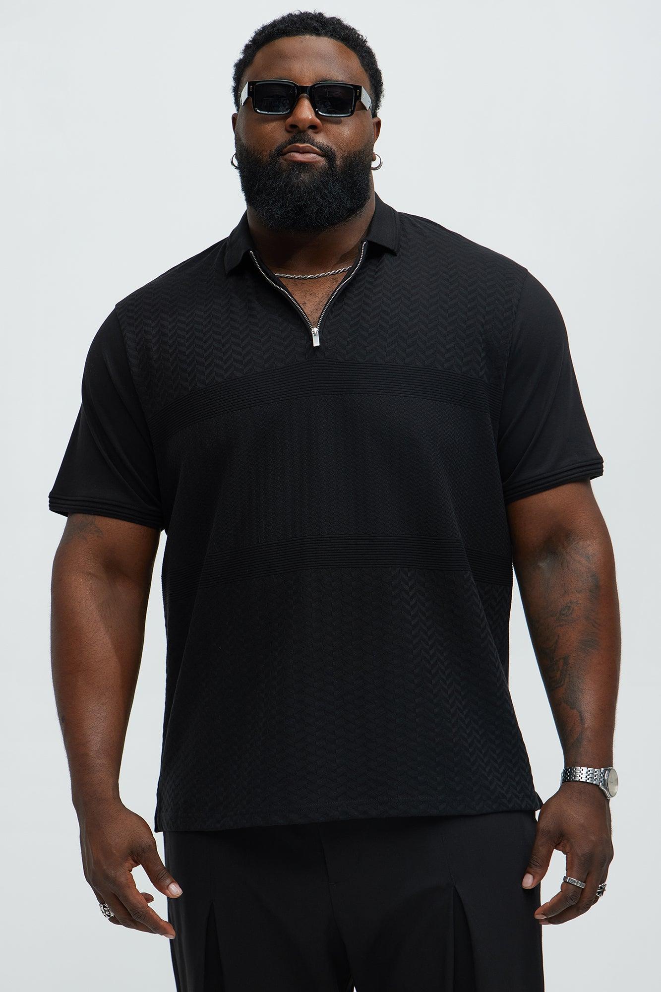 Textured Zip Collar Short Sleeve Polo - Black Product Image