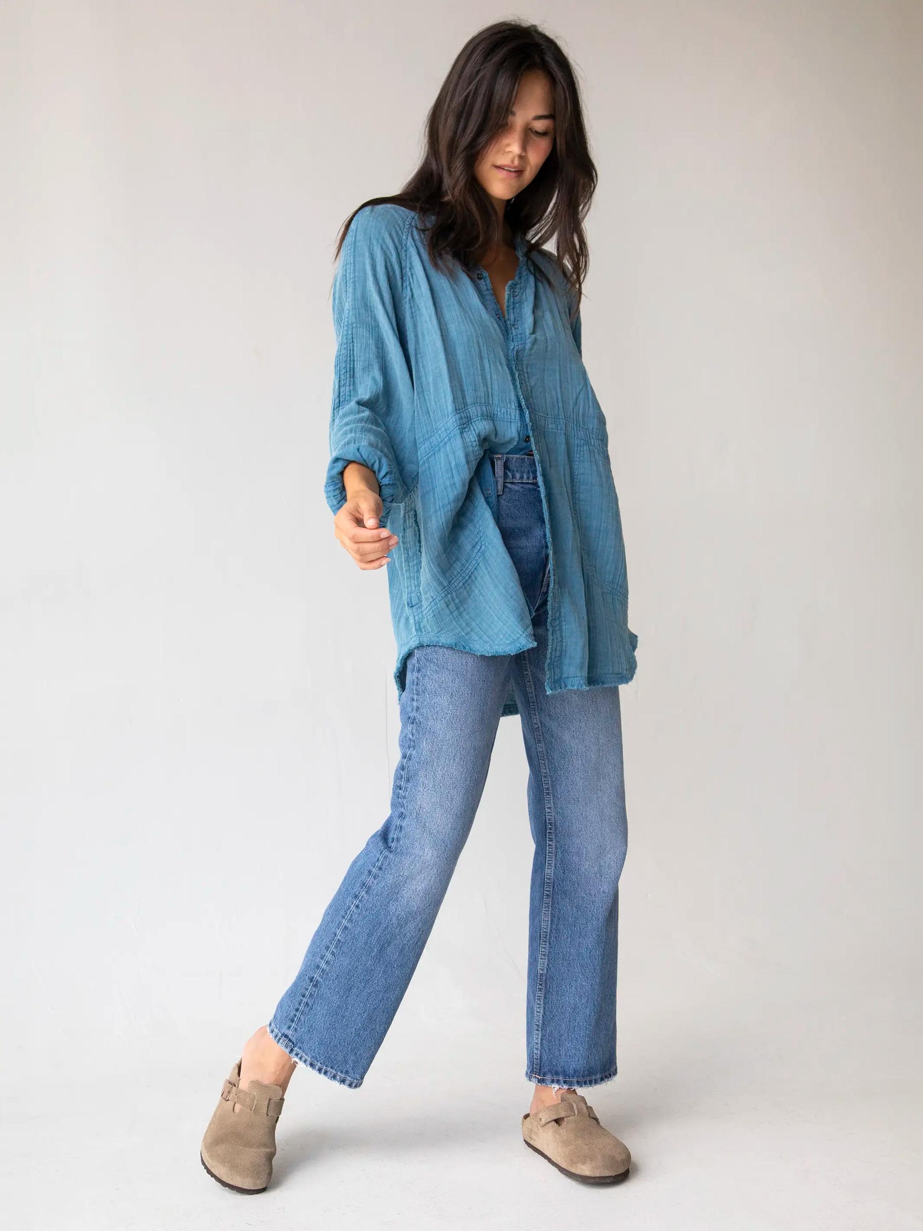 Laid Back Cotton Button Down Top - Blue Product Image
