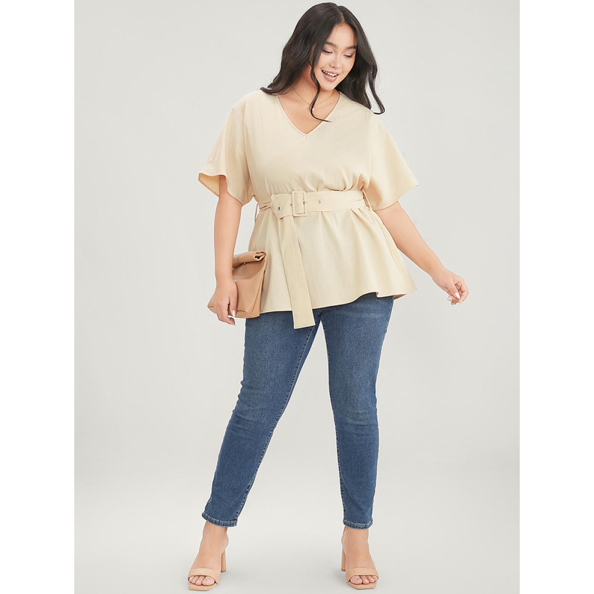 Plus Size Apricot Solid Dolman Sleeve Buckle Belted V Neck Blouse Women Office Short sleeve V-neck Dailywear Blouses BloomChic 22-24/3X Product Image