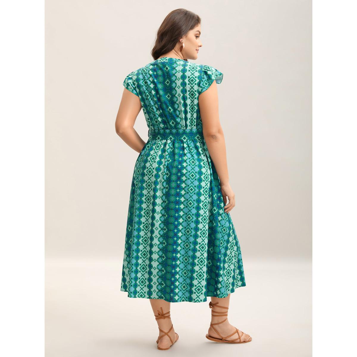 Plus Size Boho Vacation Print Belted Notched Midi Dress Emerald Women Ruffles Notched collar Cap Sleeve Curvy BloomChic 22-24/3X Product Image
