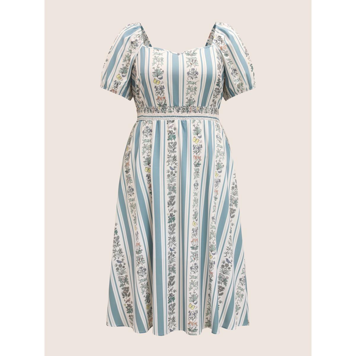 Plus Size Floral Patchwork Striped Shirred Puff Sleeve Dress LightBlue Women Elegant Gathered Heart neckline Short sleeve Curvy BloomChic 26/4X Product Image