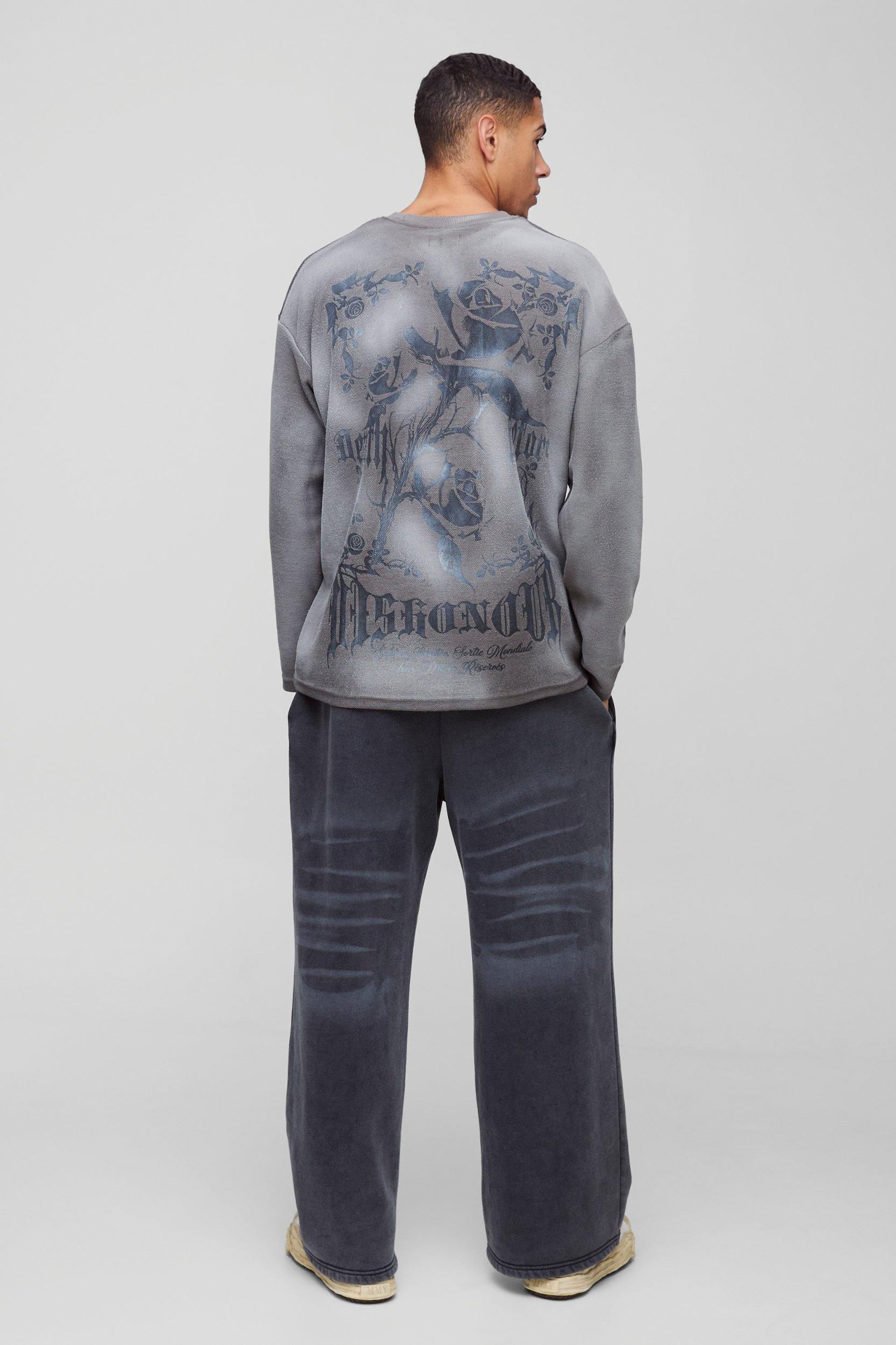 Oversized Distressed Reverse Loopback Gothic Print Long Sleeve Spray Wash T-Shirt | boohooMAN USA Product Image