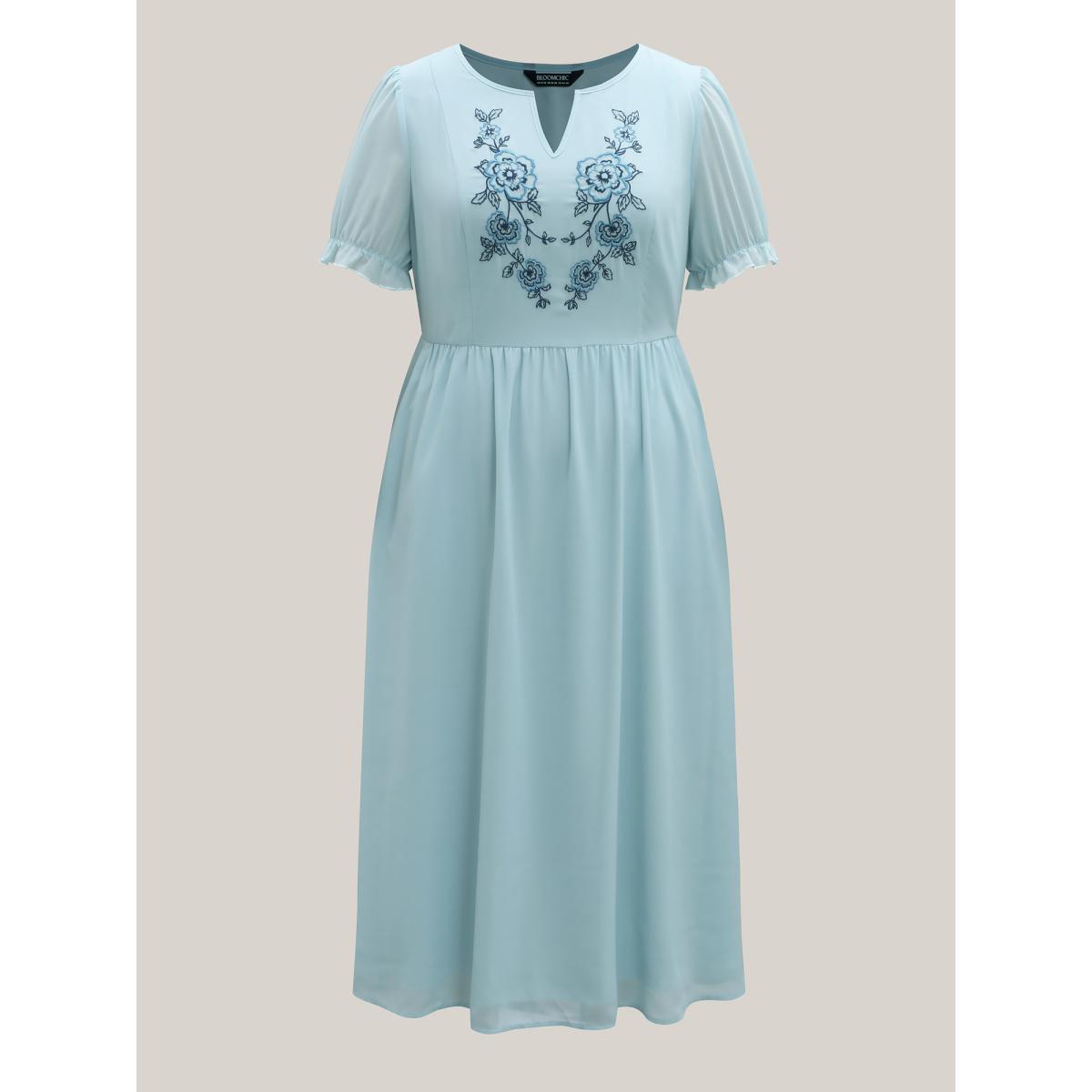 Plus Size Embroidered Sheer Chiffon Pockets Midi Dress LightBlue Women Notched collar Short sleeve Curvy BloomChic 22-24/3X Product Image