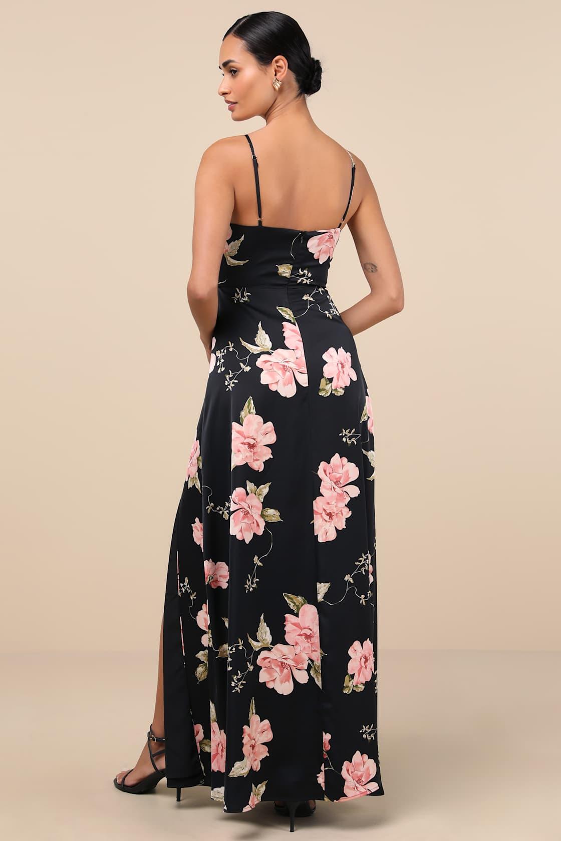 Radiant Occasion Black Floral Satin A-Line Maxi Dress Product Image