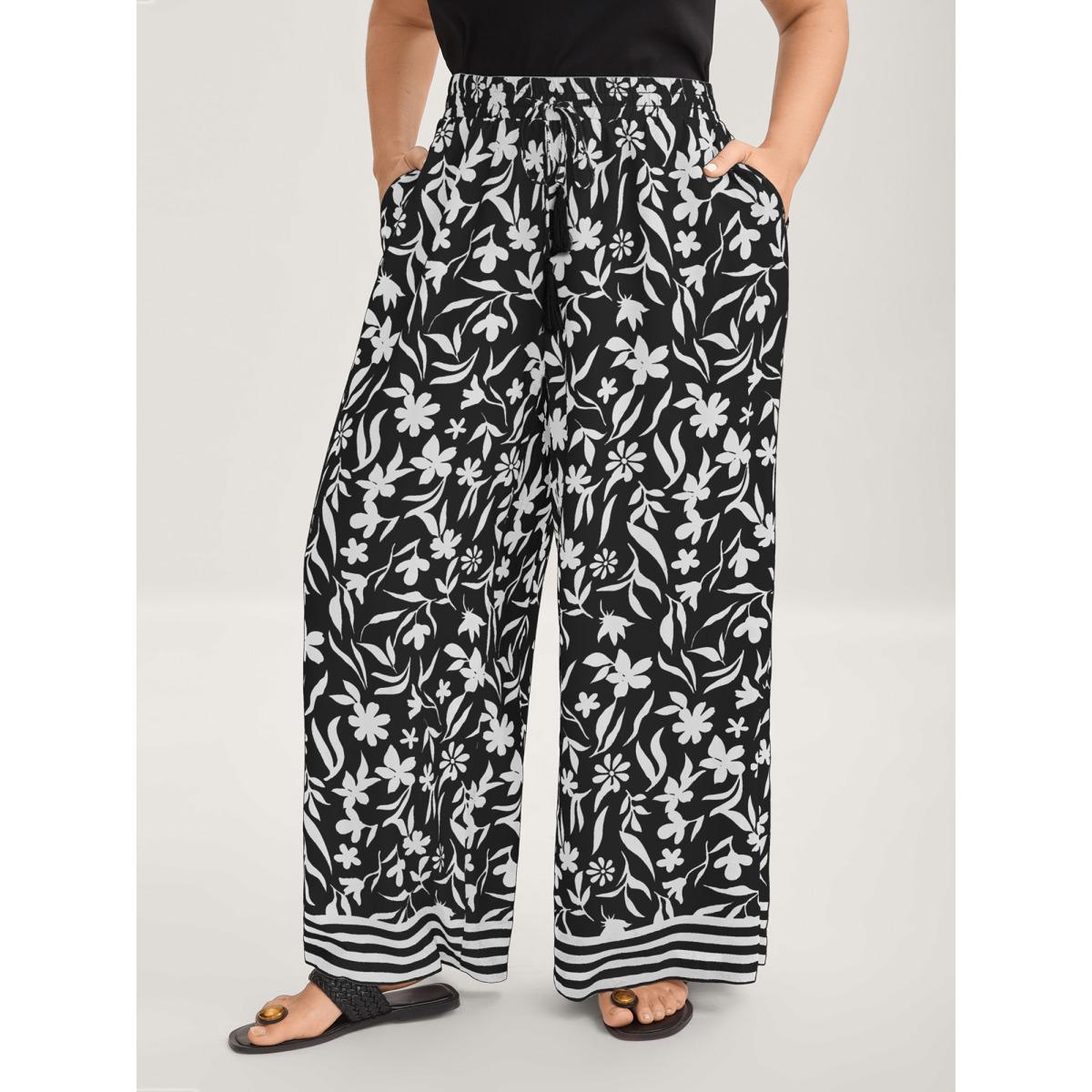 Plus Size Floral Print Wide-Leg Contrast Pants Women WhiteSmoke Resort Wide Leg Mid Rise Vacation Pants BloomChic 30/6X Product Image