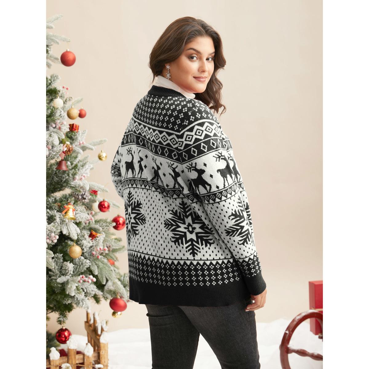 Plus Size Reindeer And Snow Pattern Button-Front Cardigan Black Women Casual Loose Long Sleeve Everyday Cardigans BloomChic 12/L Product Image