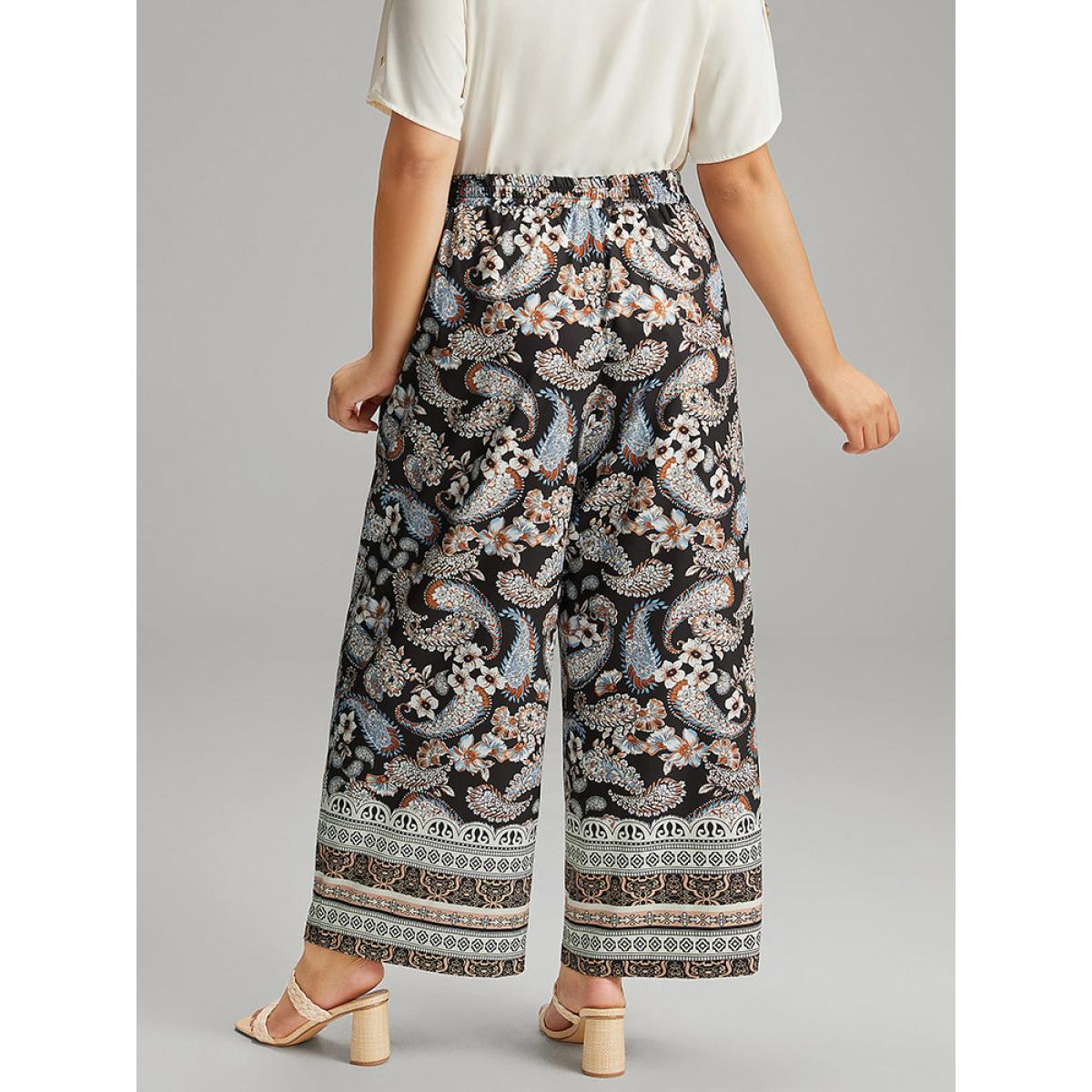 Plus Size Boho Print Tassel Elastic Waist Pants Women Black Resort Straight Leg High Rise Vacation Pants BloomChic 14-16/1X Product Image