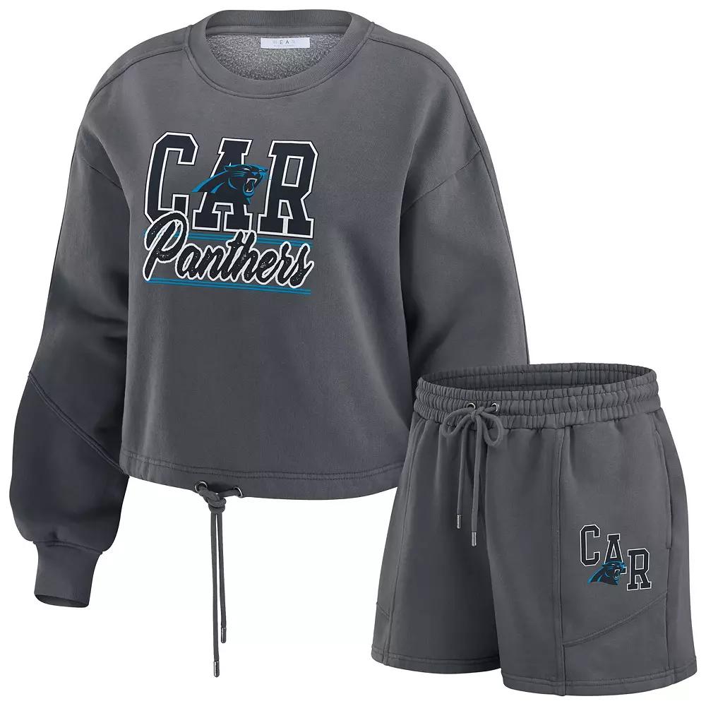 Women's WEAR by Erin Andrews Black Carolina Panthers Washed Fleece Long Sleeve T-Shirt & Shorts Lounge Set,  Product Image