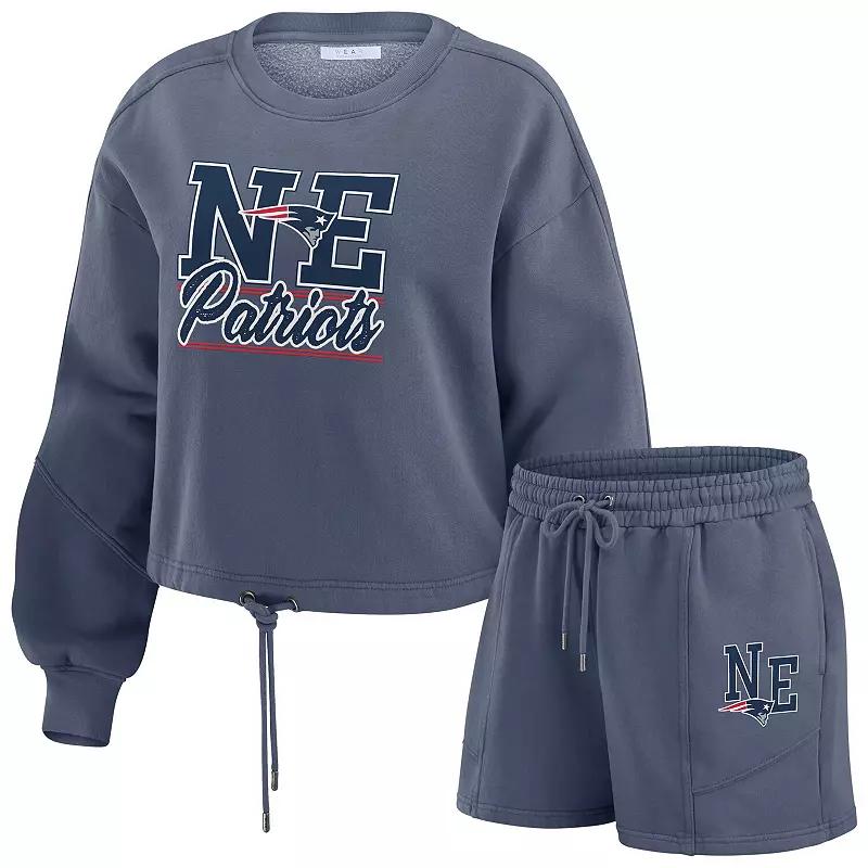 Women's WEAR by Erin Andrews Navy New England Patriots Washed Fleece Long Sleeve T-Shirt & Shorts Lounge Set,  Product Image
