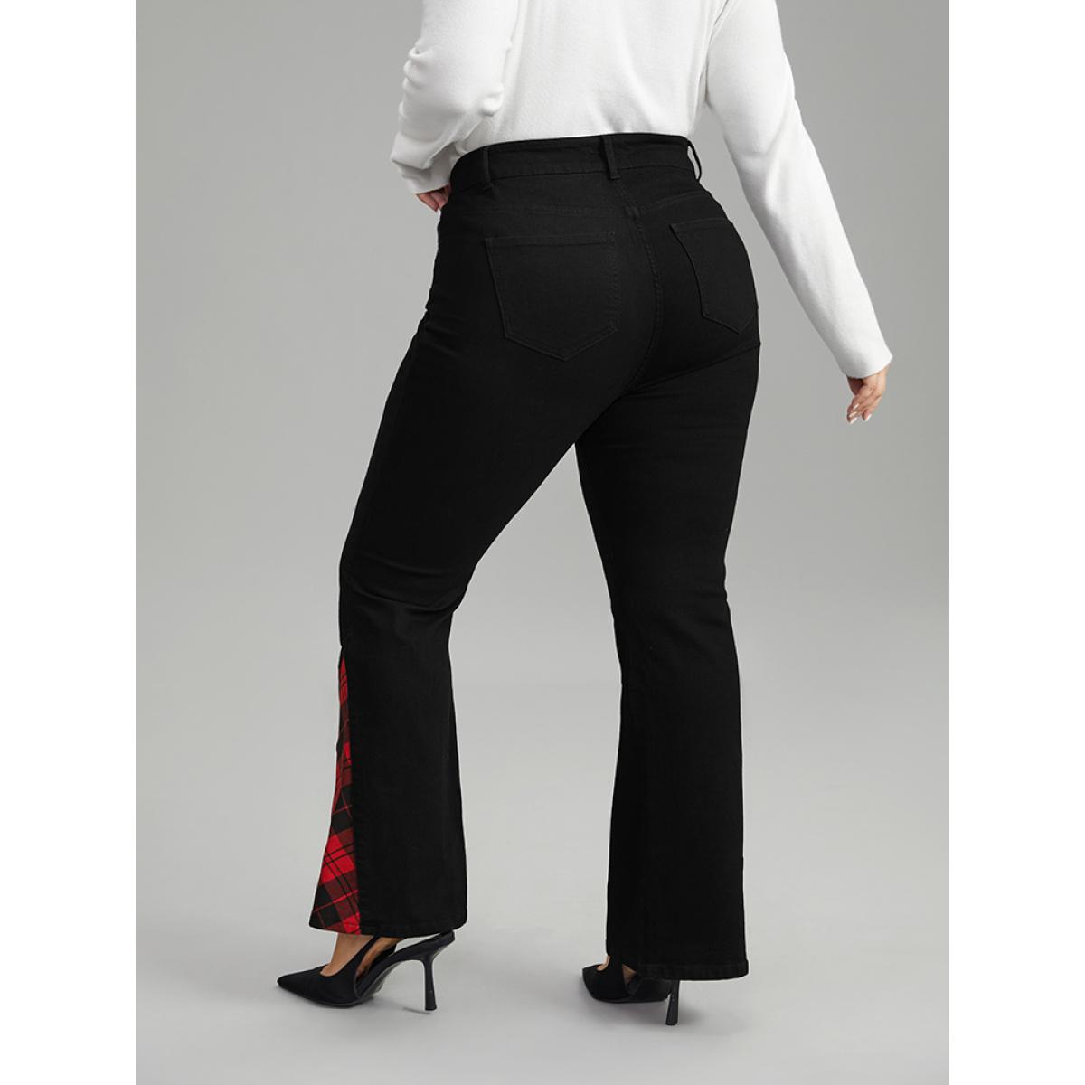 Plus Size Flare Leg Plaid Patchwork Pocket Jeans Women Black Casual Plaid Contrast Low stretch Pocket Jeans BloomChic 14/1X Product Image