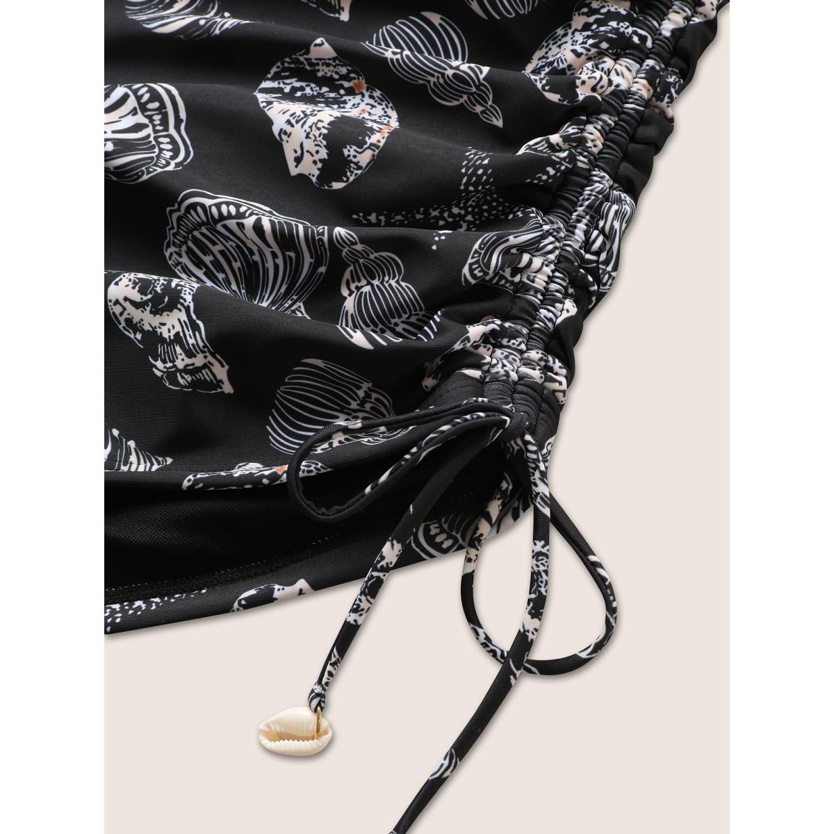Plus Size Shell Print Drawstring Side Skinny Swim Bottom Women's Swimwear Black Beach Drawstring High stretch Skinny High Rise Curve Swim Bottoms BloomChic 14-16/1X Product Image