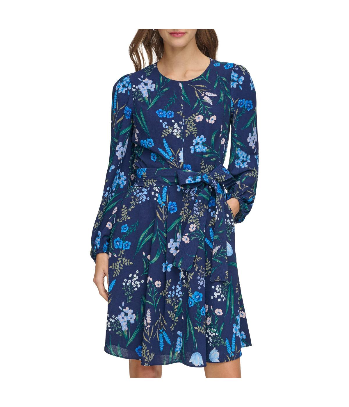 Jewel Neck Long Sleeve Fit & Flare With Trapunto Belt Navy Product Image