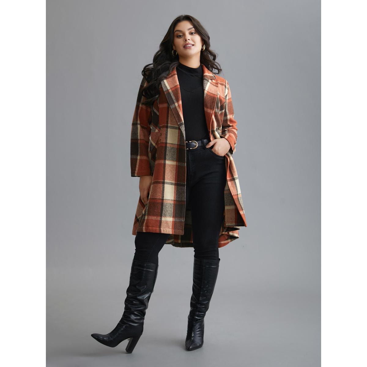 Plus Size Plaid Lapel Collar Waist Button Coat Women Yellowishbrown Elegant Button Ladies Everyday Winter Coats BloomChic 10/M Product Image