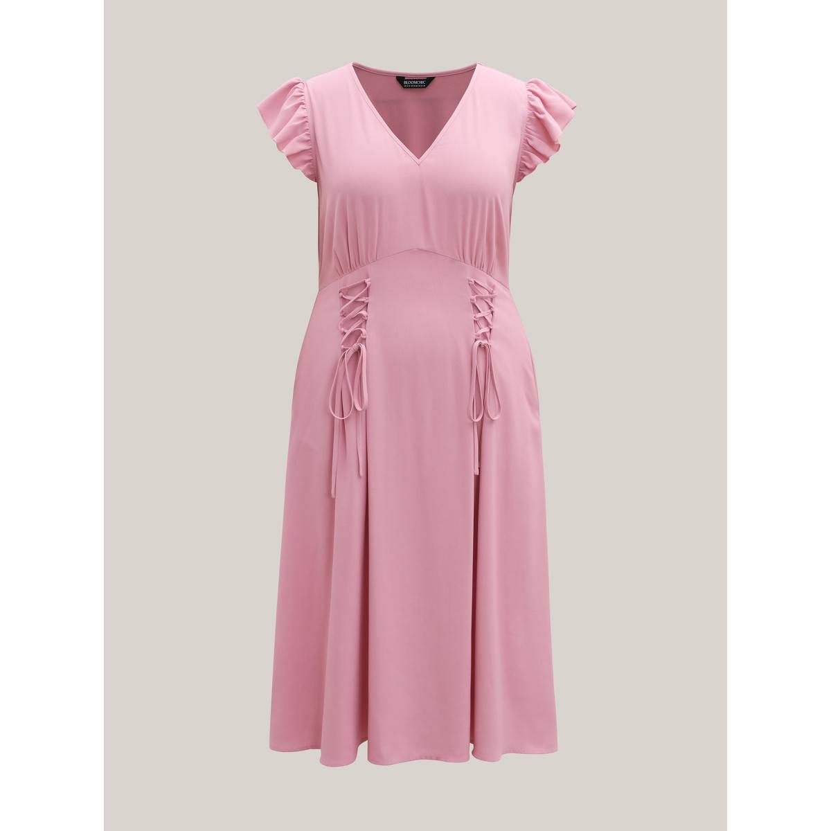 Plus Size Tie-Up Panels Solid Pockets Midi Dress Crepe Women V-neck Cap Sleeve Curvy BloomChic 28/5X Product Image