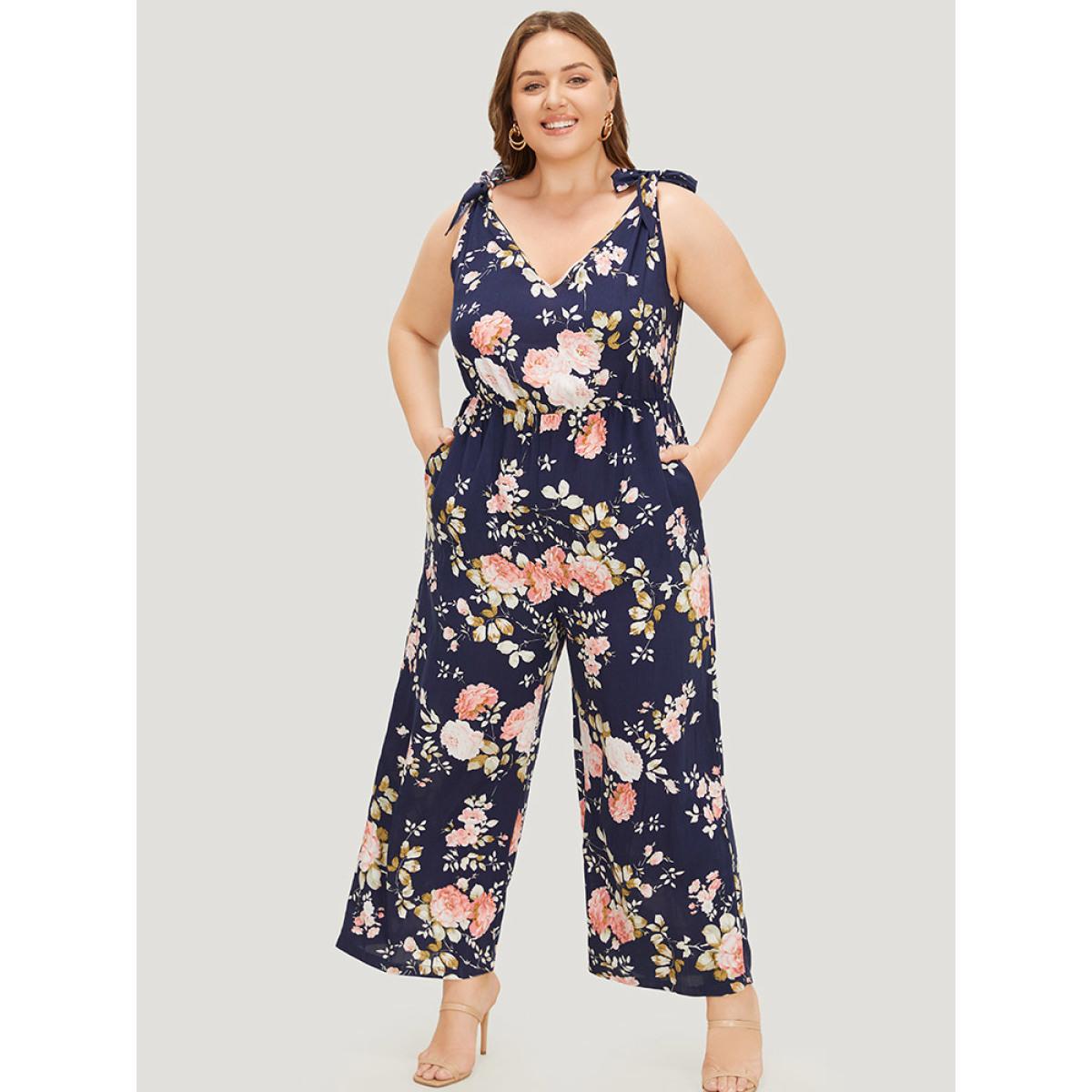 Plus Size DarkBlue Floral Belt Pocket Knot Shoulder Jumpsuit Women Elegant Sleeveless Spaghetti Strap Dailywear Loose Jumpsuits BloomChic 14-16/1X Product Image