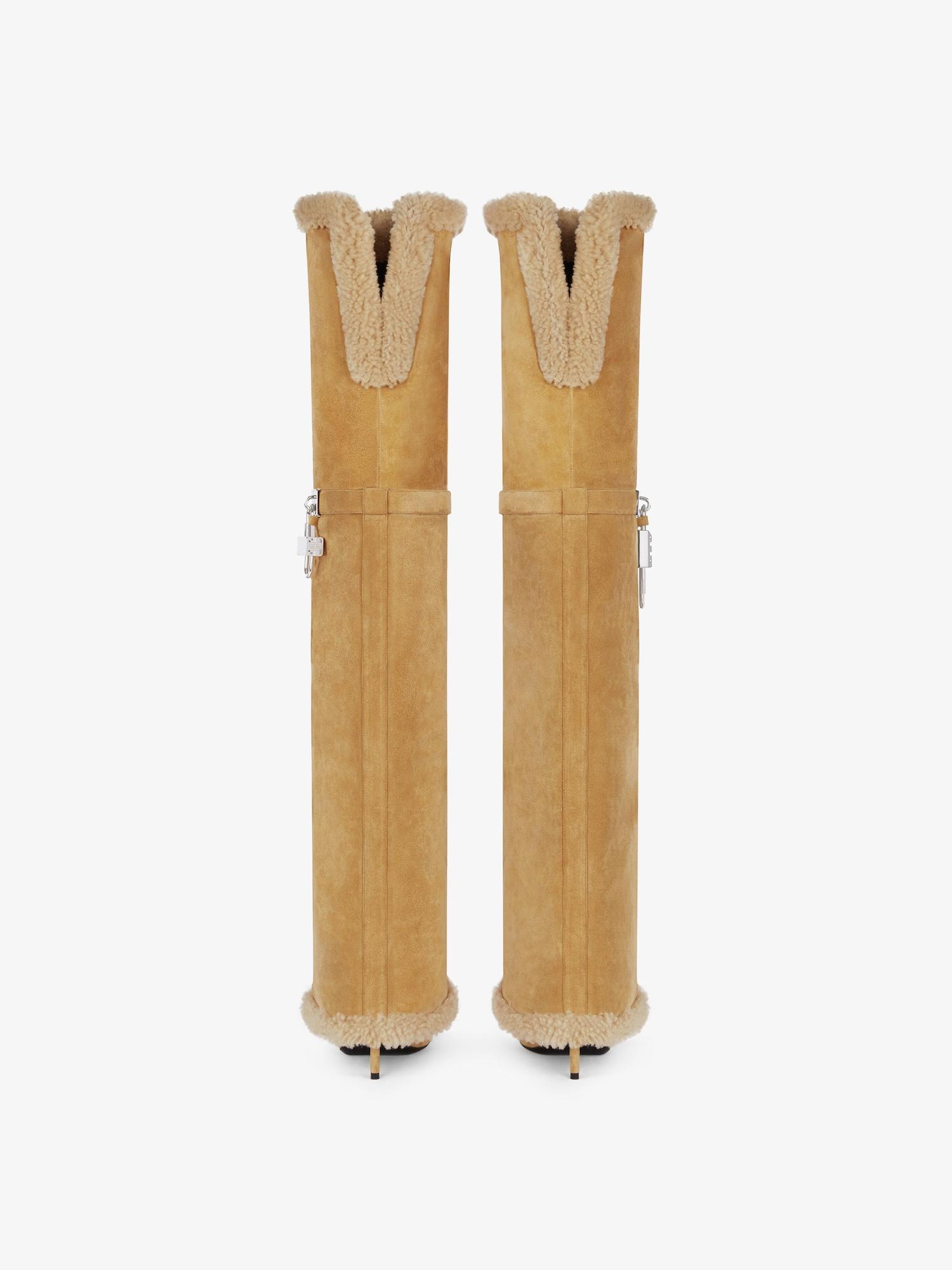 Shark Lock Stiletto boots in suede and shearling Product Image