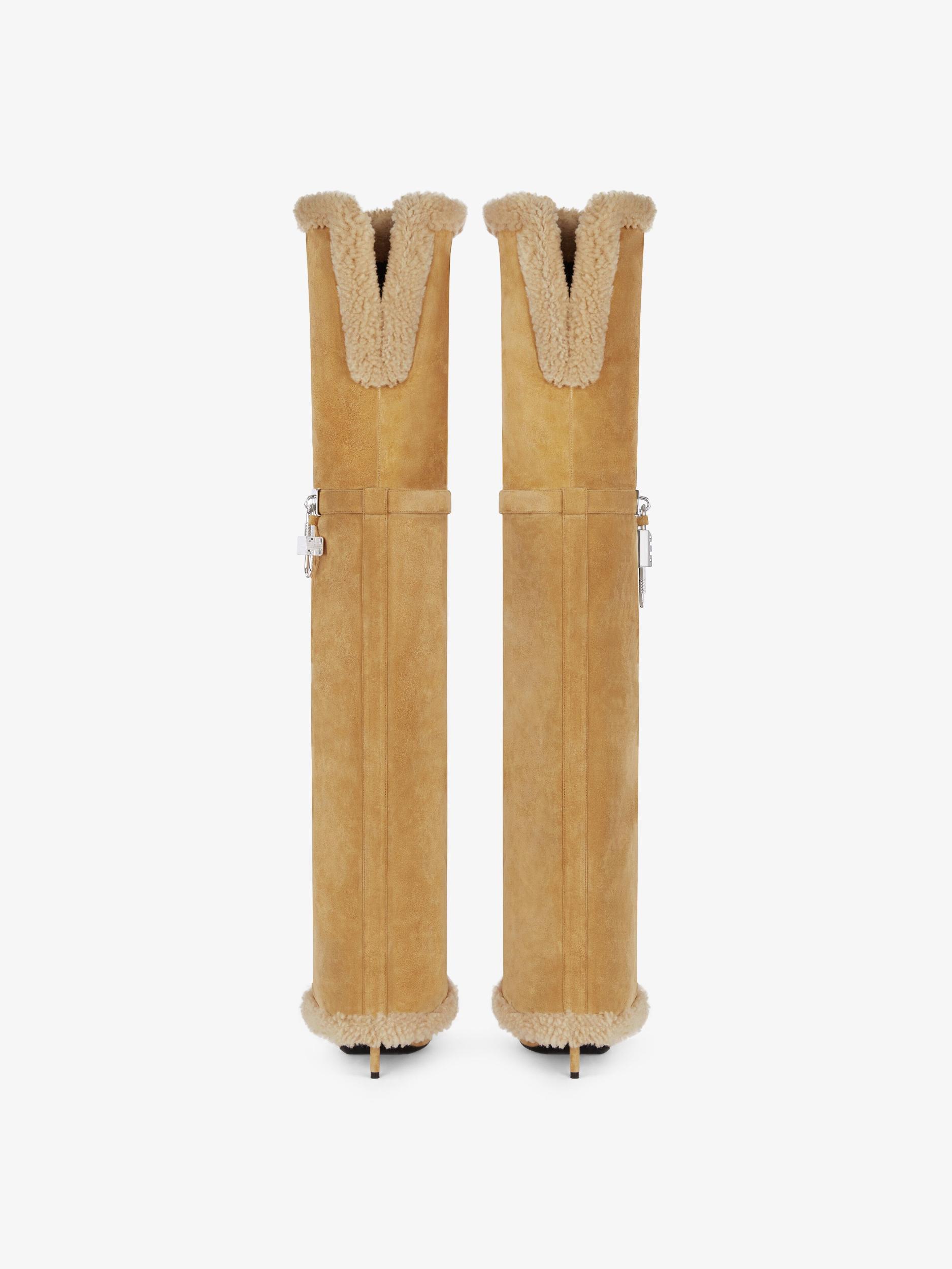 Shark Lock Stiletto boots in suede and shearling Product Image