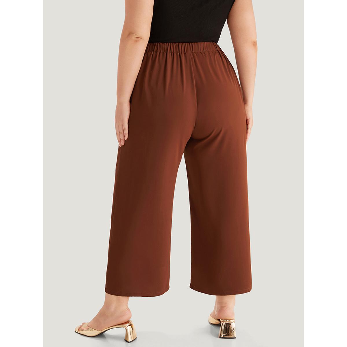 Plus Size Solid Metal Buckle Detail Pleated Pants Women Maroon Work From Home Straight Leg High Rise Work Pants BloomChic 30/6X Product Image