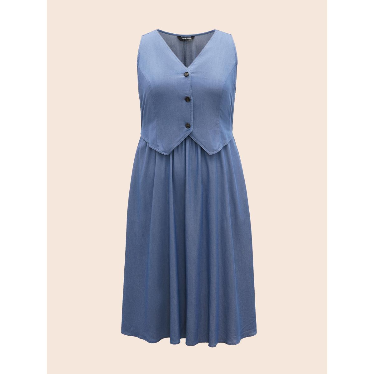 Plus Size V Neck 2 In 1 Bodycon Dress DarkBlue Women Casual Button V-neck Sleeveless Curvy BloomChic 12/L Product Image