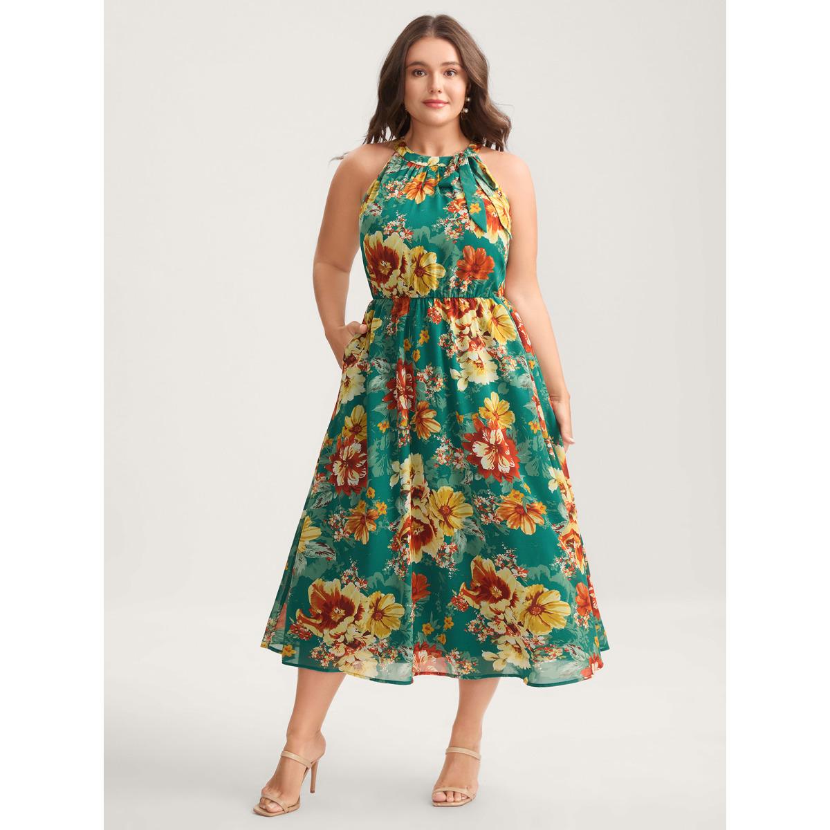 Plus Size Large Floral Print Stretchy-Waist Midi Dress Emerald Women Halter neck Sleeveless Curvy BloomChic 26/4X Product Image