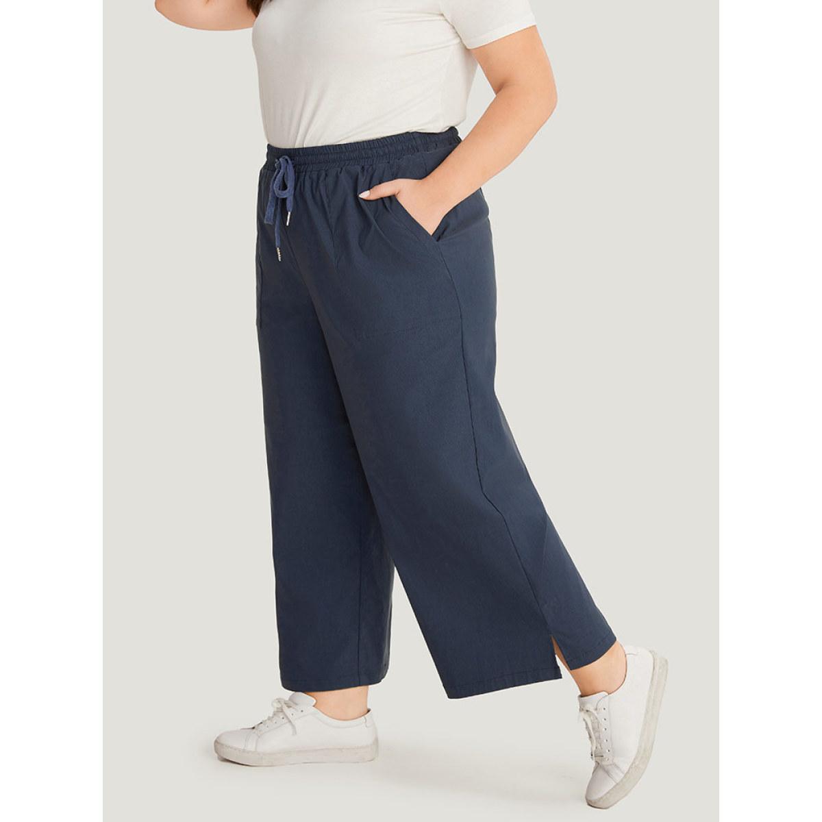 Plus Size Plain Pocket Drawstring Split HemWide leg Pants Women Indigo Office Loose Mid Rise Office Pants BloomChic 26/4X Product Image