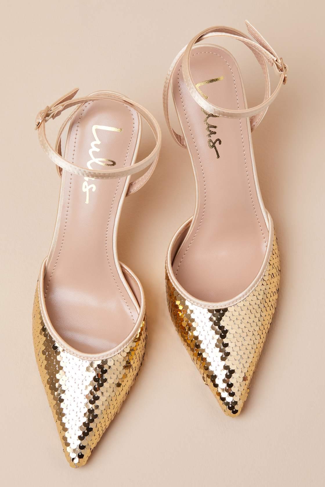 Arley Gold Sequin Ankle Strap Pumps Product Image