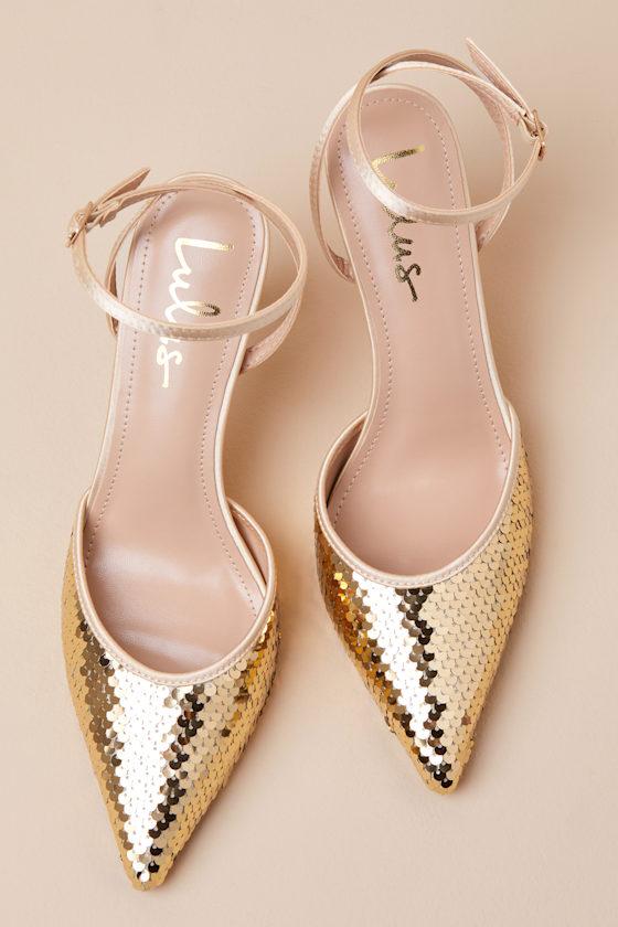 Arley Gold Sequin Ankle Strap Pumps Product Image