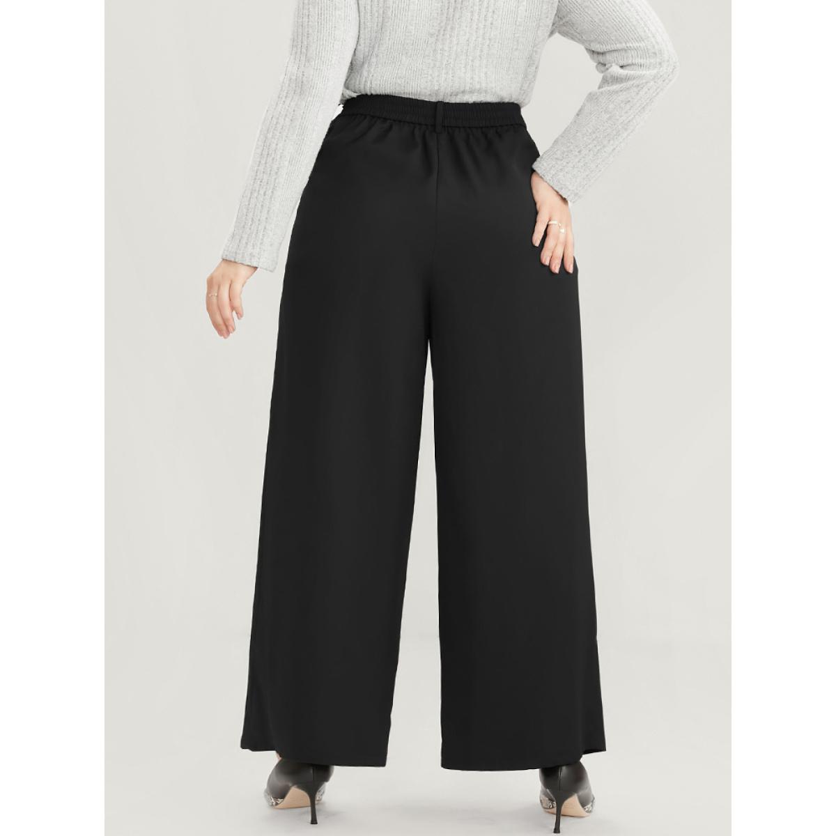 Plus Size Solid Pocket Elastic Waist Wide Leg Pants Women Black Casual Loose Mid Rise Dailywear Pants BloomChic 12/L Product Image