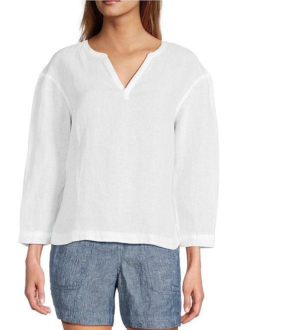 L.L.Bean Linen Split Round Neck Long Sleeve Blouse Product Image