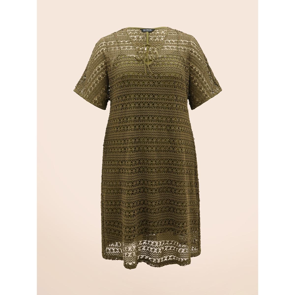 Plus Size Crocheted Lace Up Dolman Sleeve Tiered Dress ArmyGreen Women Casual Texture V-neck Half Sleeve Curvy BloomChic 12/L Product Image